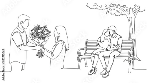 High-quality black continuous line art of a person presenting a bouquet of flowers, couple sitting close together on a bench, romantic love illustration