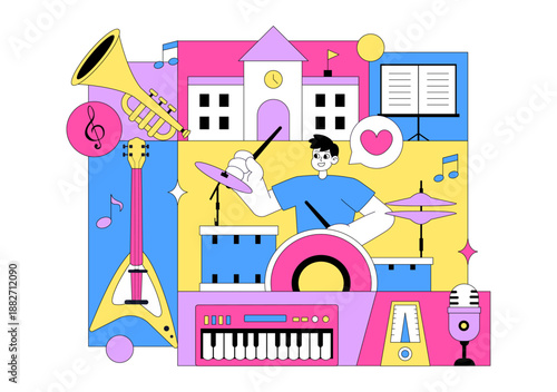 Music School Illustration Featuring Various Musical Instruments, Music Education Learning, And Performance Activities by Musicians and Singers