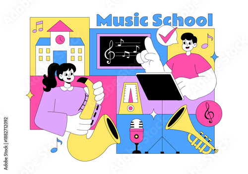 Music School Illustration Featuring Various Musical Instruments, Music Education Learning, And Performance Activities by Musicians and Singers