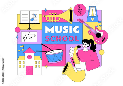 Music School Illustration Featuring Various Musical Instruments, Music Education Learning, And Performance Activities by Musicians and Singers