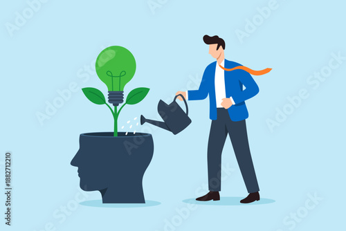 Flat illustration of businessman watering plant growing from open head symbolizing personal growth learning mindset self development and mental cultivation