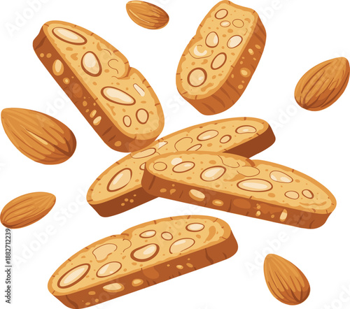 Italian almond biscotti cantucci cookies vector illustration, crunchy traditional bakery snacks with nuts for cafe menu