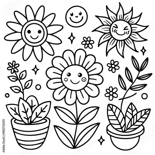 Happy Flowers and Plants Doodle Art Collection - Cute Smiling Floral Line Art