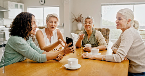 Canvas-taulu Mature women, friends and phone at house for social media, browsing website and reading gossip