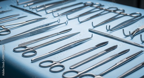 Close up of precision medical instruments meticulously arranged on a sterile surgical drape adhering to essential safety counting protocols, quality, procedure, counting