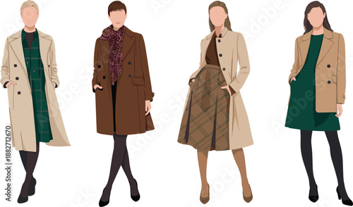 Elegant women fashion character vector set, stylish autumn trench coats and winter outfits for apparel design