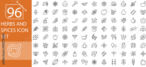 96 Herbs and Spices Icons Set Featuring Fresh and Dried Culinary Herbs, Aromatic Spices, Seasonings, Organic Ingredients, Cooking Essentials, Herbal Medicine Elements and Kitchen Flavouring Symbols.
