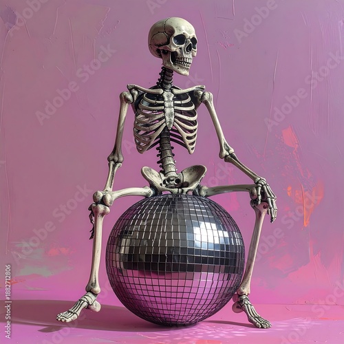 A skeleton sitting on a disco ball against a pink background