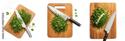 Cuadro en lienzo Top View of Chef Knife Chopping Fresh Green Herbs on Wooden Cutting Board Isolat