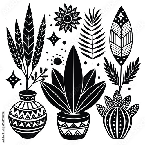 Monochrome Botanical Illustration: A stunning monochrome illustration showcasing an array of botanical elements in detailed, stylish black lines. It evokes a sense of serenity.