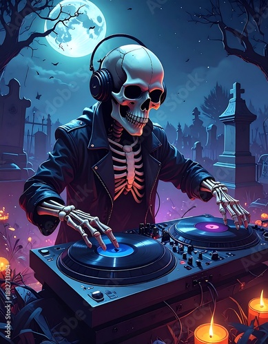 A skeleton wearing headphones spins records in a spooky graveyard at night