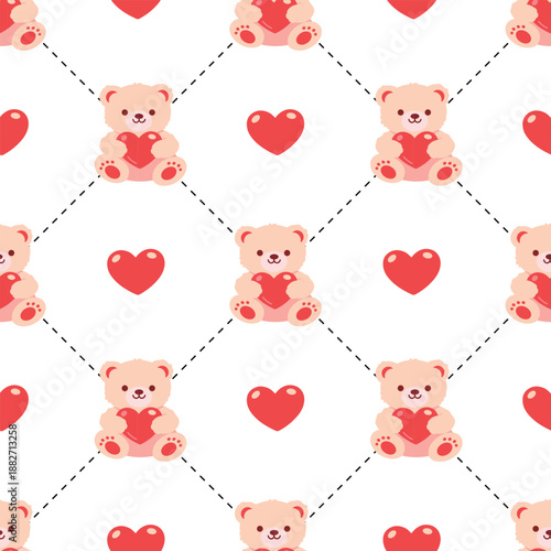 Valentines Day seamless pattern. Seamless pattern with cute teddy bears and hearts. Vector illustration
