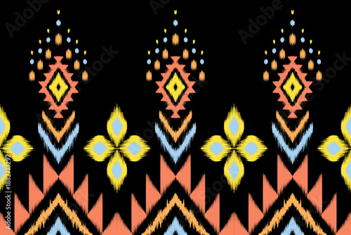 Ikat pattern inspired by traditional ethnic weaving with geometric motifs and soft color transitions. This design works as a decorative surface for textile, fabric, batik, background pattern