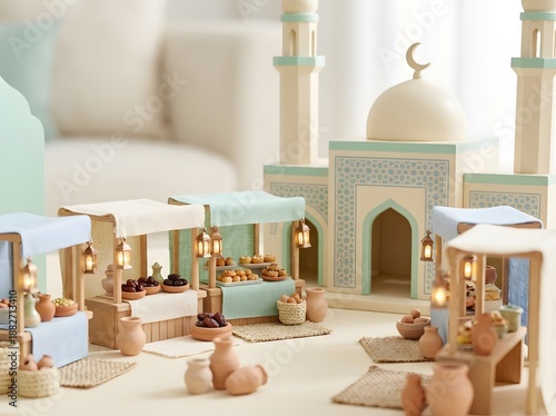 Pastel Miniature Ramadan Market in Front of Mosque Clean Background