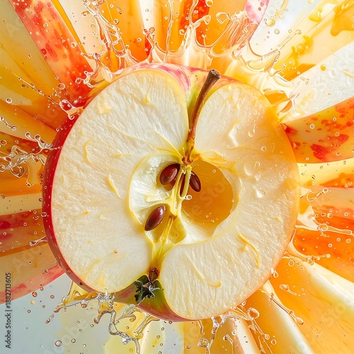 A sliced apple with juice splashing around it