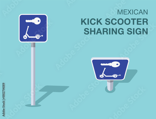 Traffic regulation rules. Isolated mexican "kick scooter sharing" road sign. Front and top view. Flat vector illustration template.