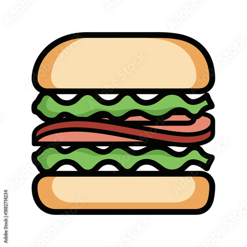 Colorful cartoon hamburger sandwich icon.