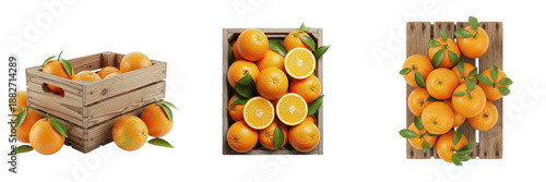 Photos Set of fresh juicy oranges in rustic wooden crates and pallets isolated on white background
