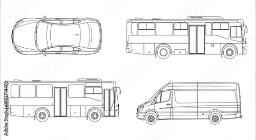 CAD Vehicle Blueprint Illustration – Car, Bus, Minibus Line Art Vector