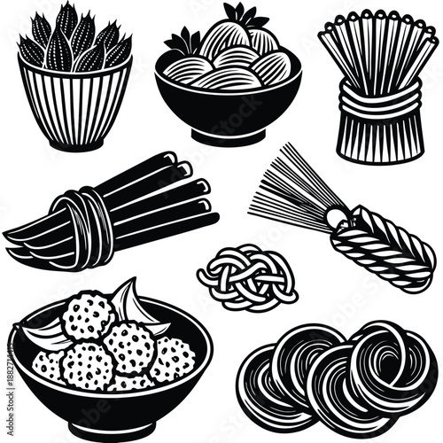 Food Icons Set: Noodles, Corn, Spices, Meatballs, Pastries