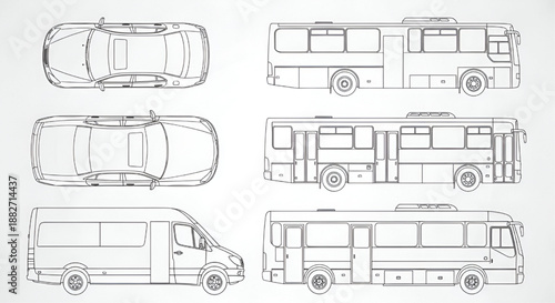 Vector CAD Vehicle Drawings – Technical Car, Bus, Minibus Outlines