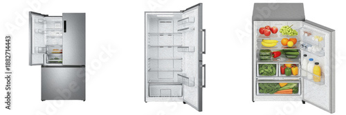 Set of modern stainless steel refrigerators with open door showing fresh fruits and vegetables isolated on white background.