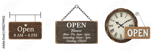 Set of vintage wooden open signs for retail business with opening hours and classic wall clock isolated on white background.