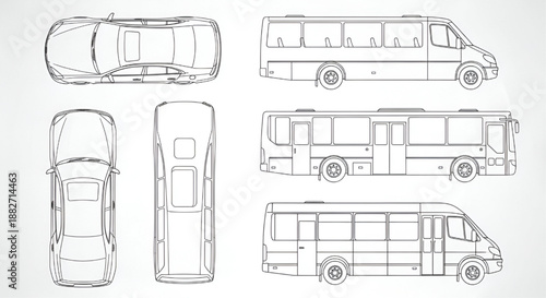 CAD Vehicle Silhouette Set – Cars, Buses, Minibuses Vector Top & Side Views