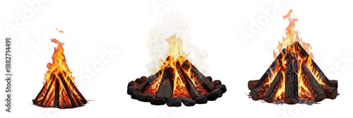 Set of realistic burning bonfires with orange flames and wooden logs isolated on white background.