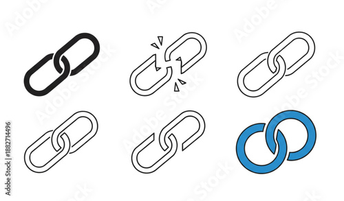 Thin outline link icon symbol collection black white and blue vector set isolated on transparent background