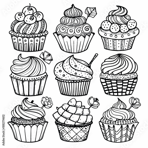 Artful Cupcake Array: A delightful collection of intricately designed cupcakes, each a unique masterpiece of edible art, showcasing a variety of textures and toppings in a playful arrangement.