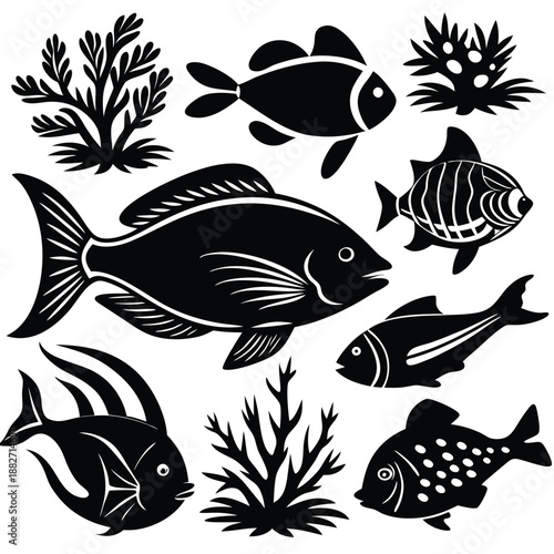 Oceanic silhouettes: A collection of various stylized fish and aquatic plants, rendered in stark black and white, evokes the silent beauty of the underwater world.