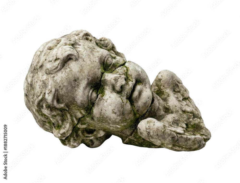 Fototapeta premium Broken stone cherub head statue with moss isolated. Ancient sculpture ruin.