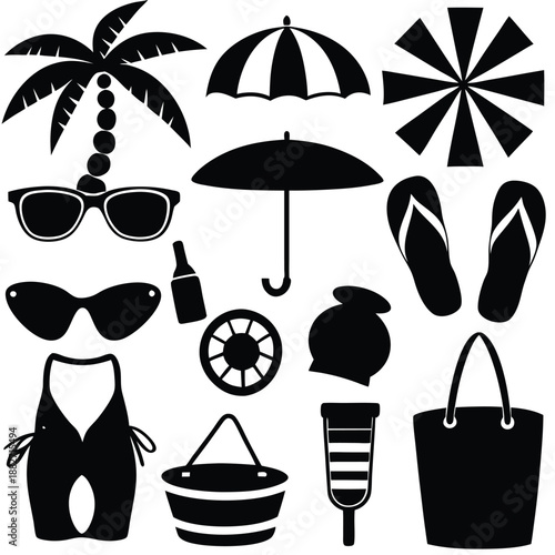 Beach Essentials: a collection of black beach icons perfect for summer, featuring sunglasses, flip-flops, an umbrella, a bag and more, capturing the essence of a perfect day at the beach.