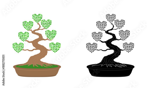 Illustration of a bonsai tree with heart-shaped leaves in a pot, presented in both color and black and white styles.