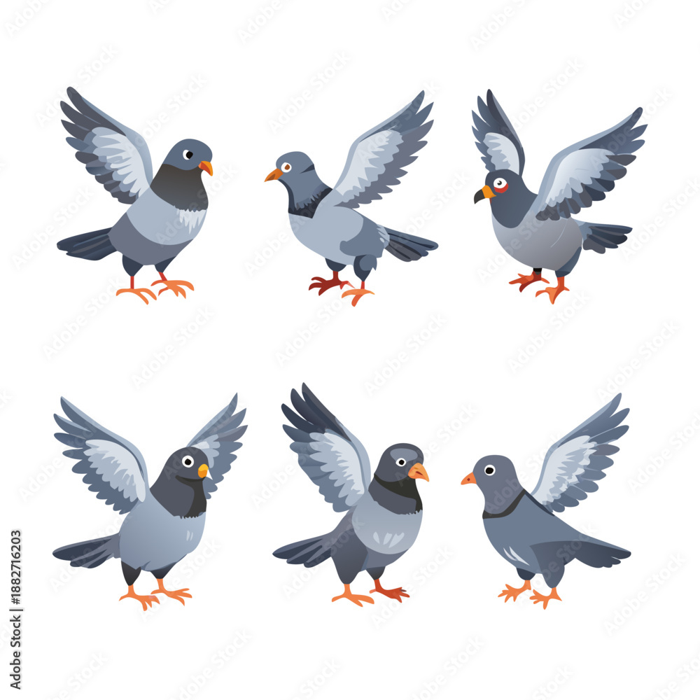 Fototapeta premium A cute nature collection and vector set of birds featuring a flying duck, sparrow, owl, and dove illustration with animal wing icons in a cartoon drawing art style isolated on white
