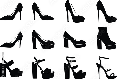 High Heels Silhouette Vector Art. Various high heel shoes types for every occasion.
