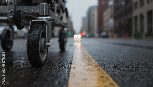 Medical stretcher wheels standing on wet asphalt road in city street  