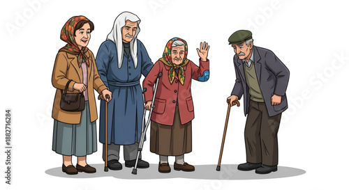 Senior Citizens Illustration – Walking Canes and Social Interaction