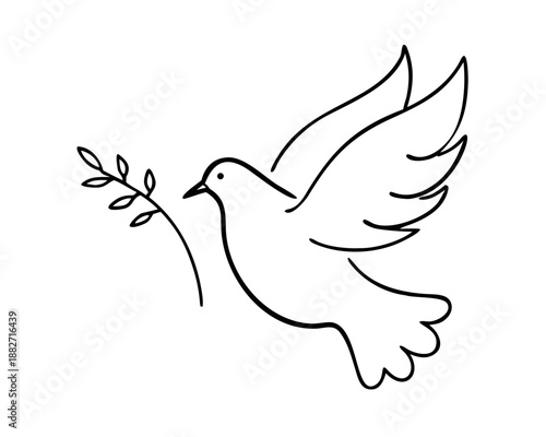 Vector illustration of a flying white dove of peace and freedom with a branch, featuring a simple bird silhouette and wings in a cartoon art design icon