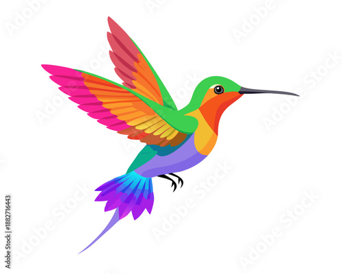 A cute cartoon illustration of a tropical hummingbird with colorful feathers and a sharp beak, shown in flight near a flower and perched on a branch as a nature-themed wildlife vector design