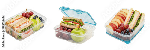 Set of healthy lunch boxes with sandwiches, fresh fruits, and snacks isolated on white background, school and office meal concept