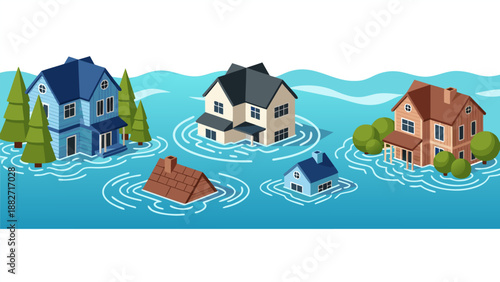 Flood disaster vector illustration of houses submerged in water, representing natural calamities and their impact