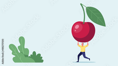 A Man Carrying a Giant Cherry, Vector Illustration of Success and Achievement