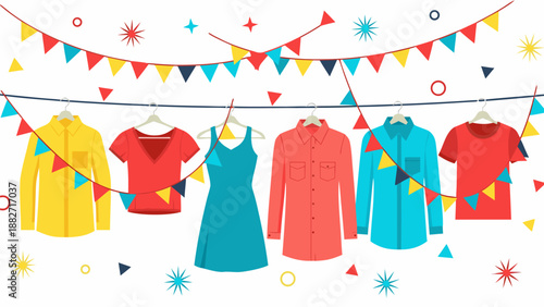 Vector illustration of colorful clothes hanging on a clothesline with festive bunting flags, representing a vibrant sale or event