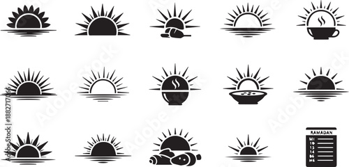 Islamic Ramadan Timing Icon Set Illustrating Suhoor and Iftar with Sunrise Silhouettes, Meal Bowls, and Schedule