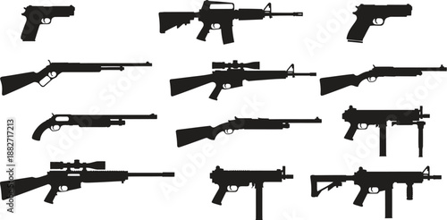 Gun Silhouette Vector Art. Featuring different types of weapons.

