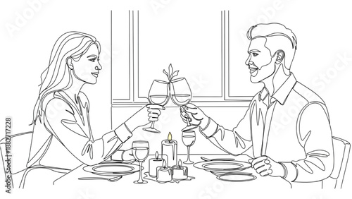 High-quality black continuous line art of a couple enjoying a candlelight dinner and clinking wine glasses, romantic celebration illustration
