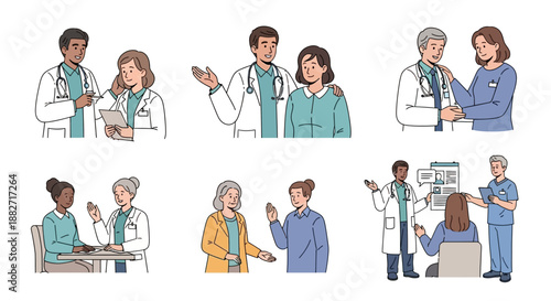 Vector illustrations of diverse healthcare professionals interacting with patients in various scenarios, conveying a healthcare concept in America with doctors, nurses, and hospital