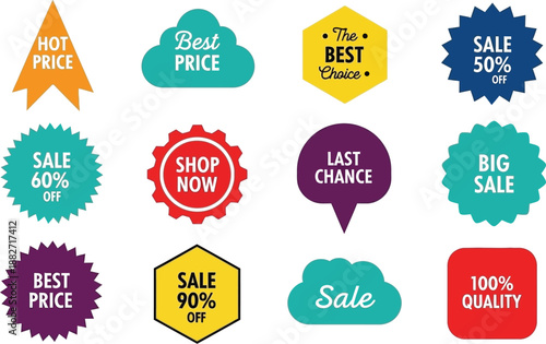 Sale Badges Vector Art. Featuring hot price, best choice and sale percentages
